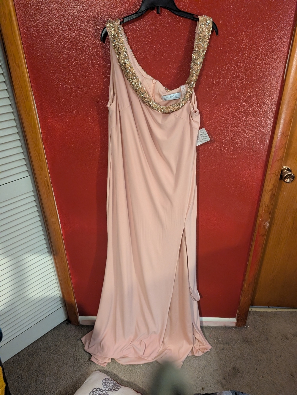 Mac Duggal 68163 Pink Evening Gown with Gold Sequin Neckline